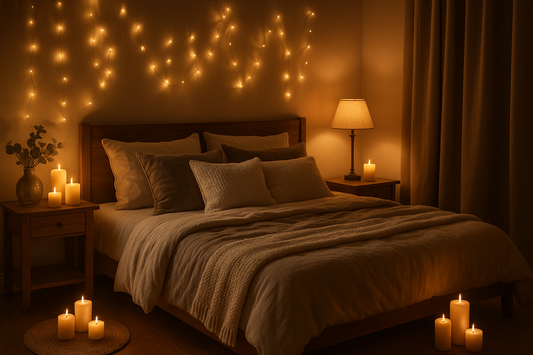 Romantic comfortable bedroom with soft lighting and intimate environment setup